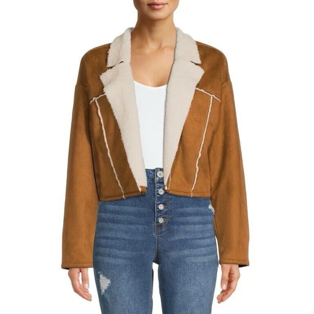 Brown and Cream Teddy Jacket with Cropped Style and Wide Lapels